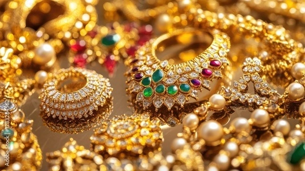 Obraz Elegant Golden Jewelry Collection with Colorful Gemstones and Pearls