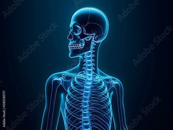 Fototapeta 3D medical illustration showing glowing blue skeletal system with detailed view of human skull, cervical spine, and rib cage against dark background, highlighting anatomical structure 