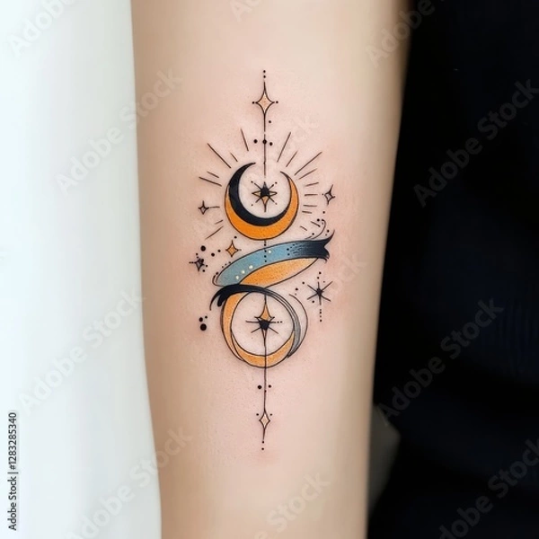Fototapeta Celestial Tattoo: A delicate and minimalist tattoo design featuring a stylized crescent moon and stars, symbolizing connection to the cosmos and personal growth.