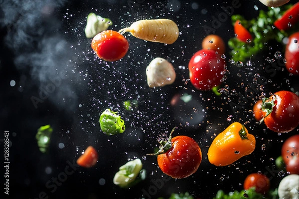 Fototapeta Flying vegetables with slow motion effect and drops on dark background