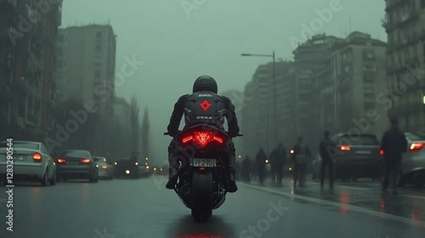 Fototapeta Lone Motorcyclist Riding Through a Rainy City Street