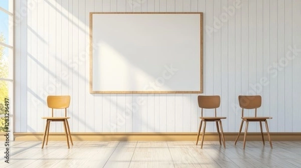 Fototapeta Bright and Modern Interior Space with Empty Frame and Three Chairs