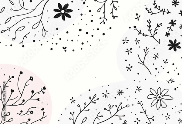 Obraz various black and white flowers and branches scattered across a light pink background.