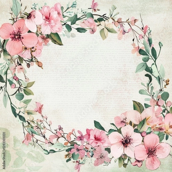 Fototapeta Floral Frame: A delicate floral frame composed of soft pink blossoms and verdant leaves, offering a space for your creative expression or artistic endeavor.
