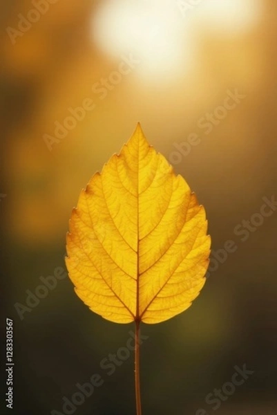 Fototapeta Golden Autumn Leaf Backlit by Soft Sunlight, a Symbol of Change and Tranquility