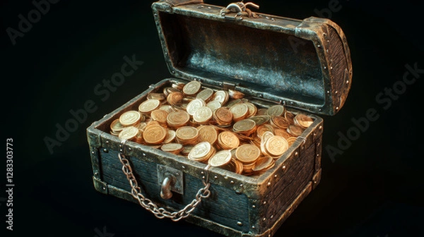 Fototapeta Treasure chest open with gold coins, locked with chain and padlock and key. Game icon of rare loot with ancient trunk with golden money, vector cartoon set isolated on background