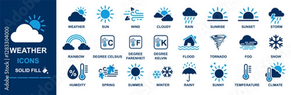 Fototapeta Weather icon set including climate, cloudy, sunny, rainy, tornado, flood, humidity, degree, snow, winter, spring, wind, temperature, windy, thermometer, rainbow, thunderstorm, raindrop etc. 