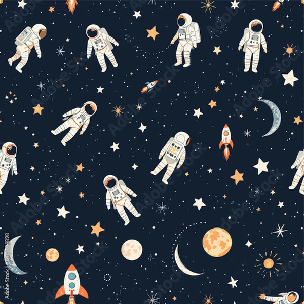 Fototapeta a group of astronauts floating in space, with planets, stars, and a crescent moon in the background.