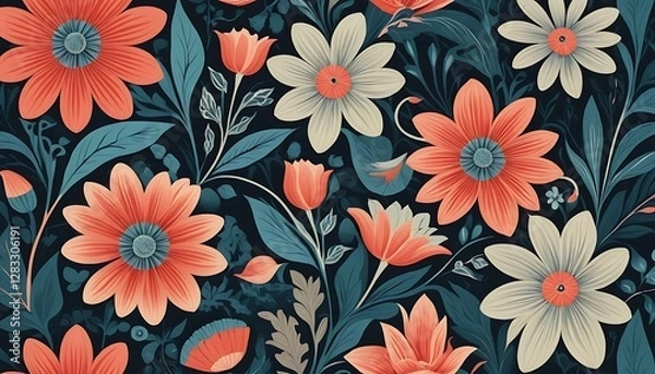 Fototapeta A floral patterned design featuring flowers and lush green leaves