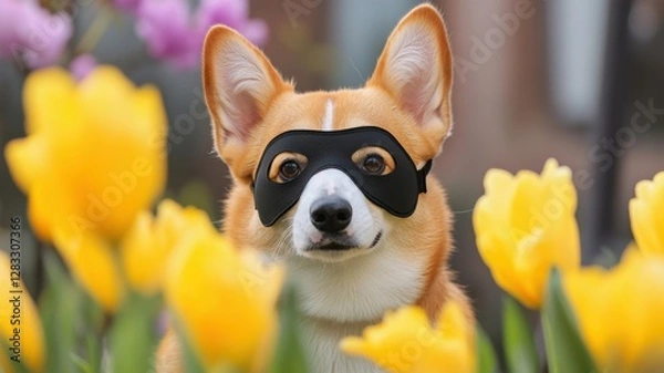 Fototapeta Corgi wearing a mask in a garden filled with vibrant yellow tulips during springtime