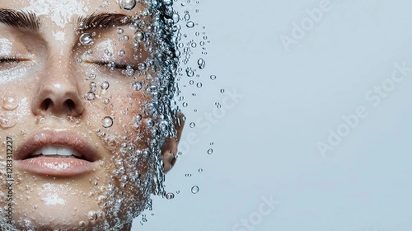 Fototapeta A serene close-up of a woman's face, adorned with water droplets, showcasing a refreshing and radiant skin appearance.