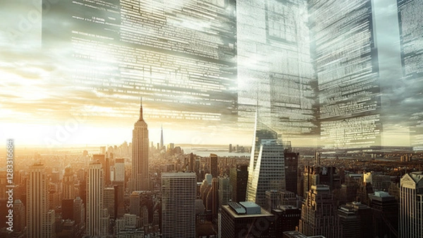 Fototapeta A dramatic concept of Tax Day USA: a giant IRS tax form towering over a cityscape, symbolizing the financial burden and obligations of taxpayers