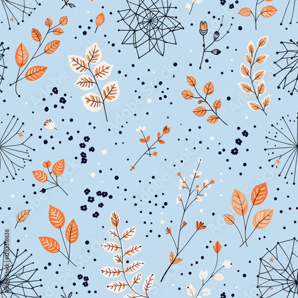 Fototapeta a variety of orange, white, and black leaf and flower designs scattered across a light blue background, with some dotted and some outlined.