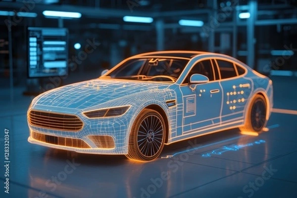 Fototapeta Futuristic Electric Car with Holographic Interface in Modern High-Tech Garage