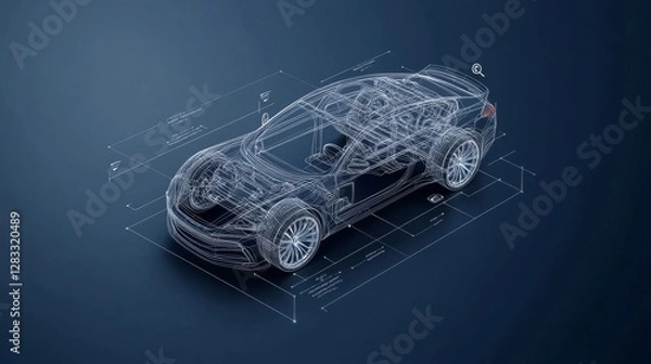 Fototapeta Blueprint Rendering of a Modern Sports Car on Dark Background