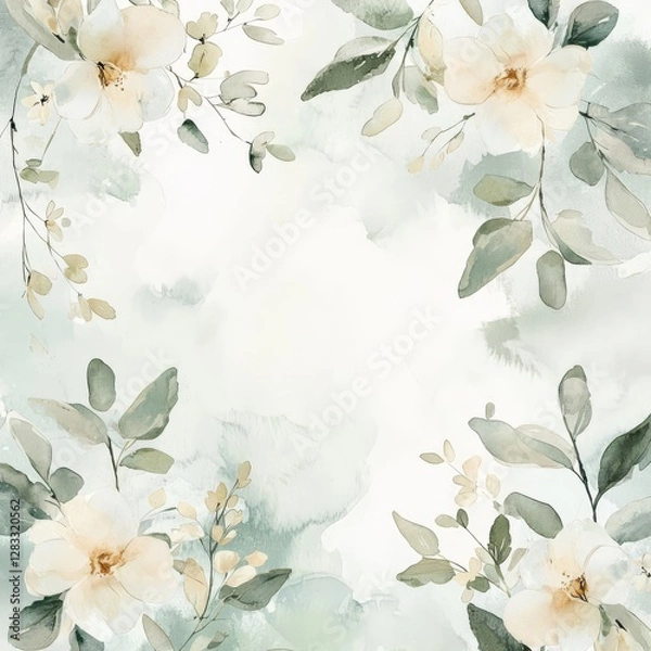 Obraz Floral Elegance: Delicate watercolor blooms and lush foliage, painted with soft, ethereal tones, create a serene and artistic composition. Perfect for adding a touch of refined beauty.