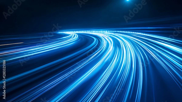 Fototapeta Abstract blue background with blurred light trails representing fast data transfer and innovation.