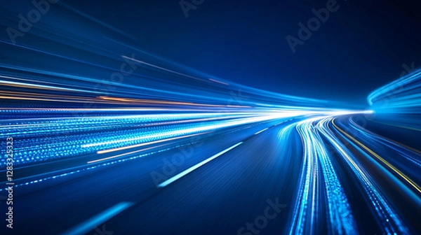 Obraz Abstract blue background with blurred light trails representing fast data transfer and innovation.