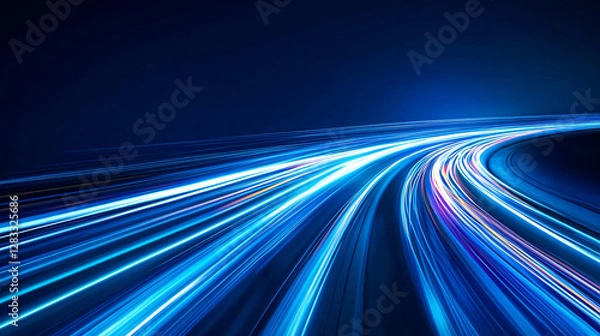Obraz Abstract blue background with blurred light trails representing fast data transfer and innovation.
