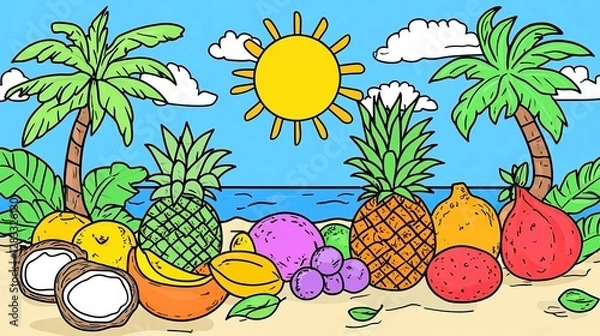 Fototapeta Colorful fresh tropical fruits illustration including pineapple, banana, apple, kiwi, lemon and orange arranged on a summer beach background
