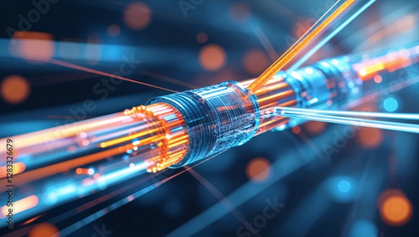 Fototapeta Futuristic Fiber Optic Network Technology with Glowing Data Streams