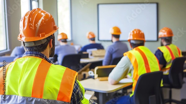 Obraz Workers in safety gear attending training session