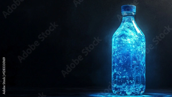 Obraz A bottle of water is lit up with blue light