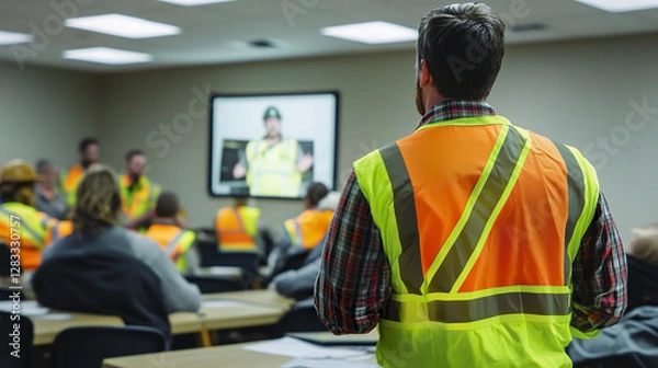 Obraz Workers watching safety video in training room