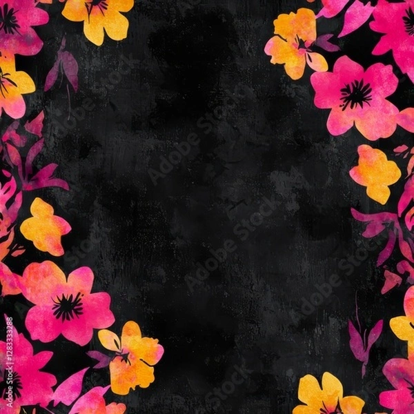 Obraz Floral Frame: An eye-catching composition featuring a bold dark background adorned with a frame of vibrant watercolor flowers, evoking a sense of artistic charm and natural elegance.