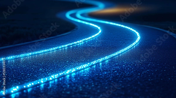 Fototapeta A glowing blue road curves into the distance, symbolizing progress in technology and business.