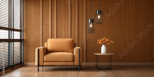 Fototapeta Modern Living Room with Mocha Mousse 2025 Trend, Brown Armchair, Wooden Blinds & Elegant Decor – 3D