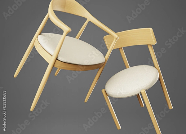 Obraz Floating wooden chairs with beige cushions on a gray background, 3D rendered illustration