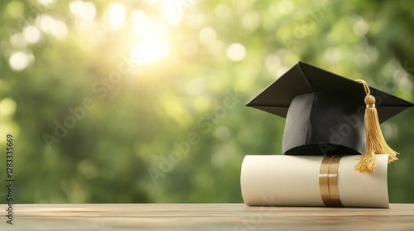 Fototapeta Graduation Cap and Diploma on Table with Soft Bokeh Background