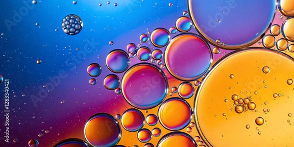 Fototapeta  Colorful oil bubbles floating in liquid with a mix of blue, purple, and yellow tones creating an abstract and mesmerizing effect