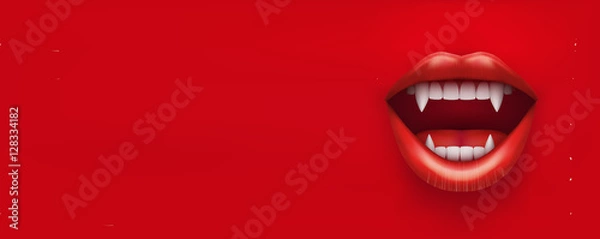 Fototapeta Party Invitation with vampire mouth open red lips and long teeth. Horizontal banner. Vector Illustration.
