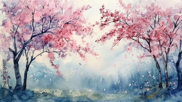 Fototapeta A painting of two cherry trees with pink blossoms