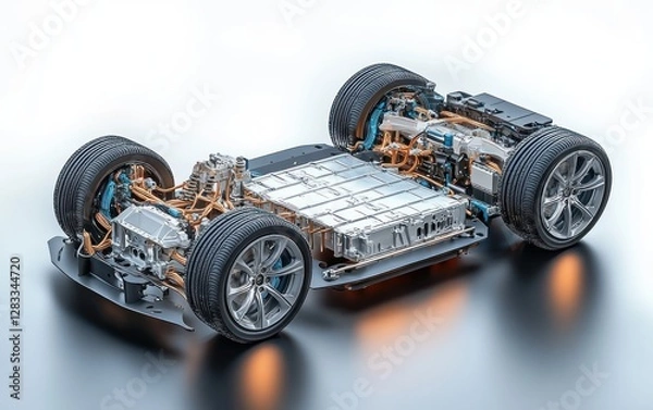 Fototapeta Electric Vehicle Chassis Detailed Digital Rendering with Advanced Components Design