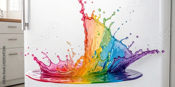 Fototapeta Colorful paint splash printed on a kitchen appliance adding a modern and artistic touch to interior decor with a vibrant aestheti