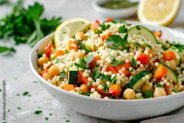 Fototapeta Colorful couscous salad with fresh vegetables. AI image