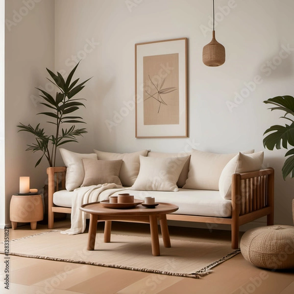 Fototapeta Japandi-Inspired Living Room: A serene space with a low wooden sofa, neutral textiles, and soft lighting, set against white walls.
