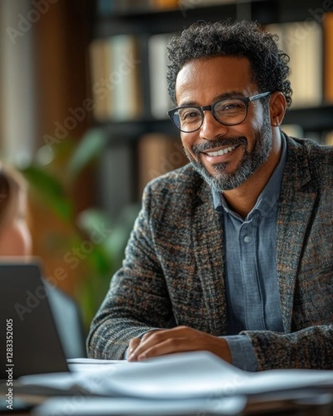 Fototapeta A man wearing glasses is smiling and sitting at a desk with a laptop and papers