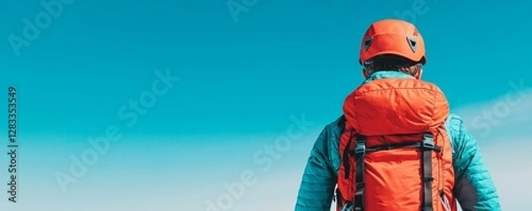 Fototapeta A climber in vibrant gear gazes towards a clear blue sky, ready for adventure with an orange backpack and a helmet.