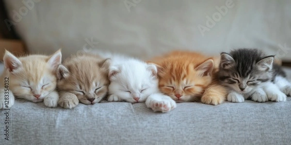 Fototapeta A group of kittens are sleeping on a bed