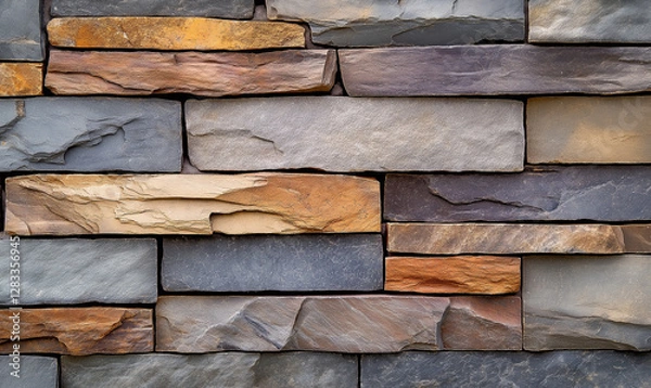 Fototapeta Stacked flagstone bricks wall in earthy tones for rustic, natural architectural beauty