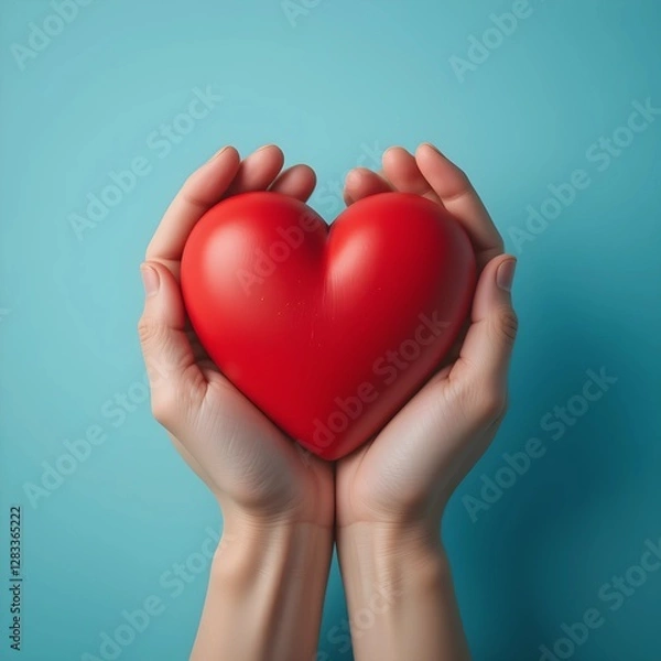 Fototapeta close up hands and blur people, female doctor holding red heart with hands, happiness ,Gesture of Love and Care and relationship in hospital, they feel happy and smiling on light blue background