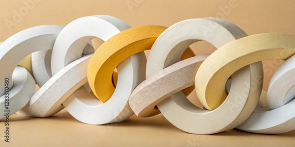 Fototapeta  Intricately linked foam chains in white and yellow forming a complex interwoven structure with a modern artistic composition