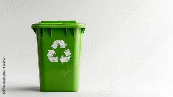 Fototapeta A green trash can with a white recycling symbol on it