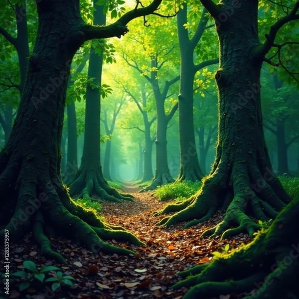 Fototapeta Dense, dark forest with twisted tree branches and roots, forest, wilderness, shadows
