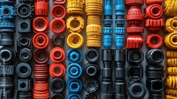 Fototapeta A collection of colorful plastic parts with different shapes and sizes