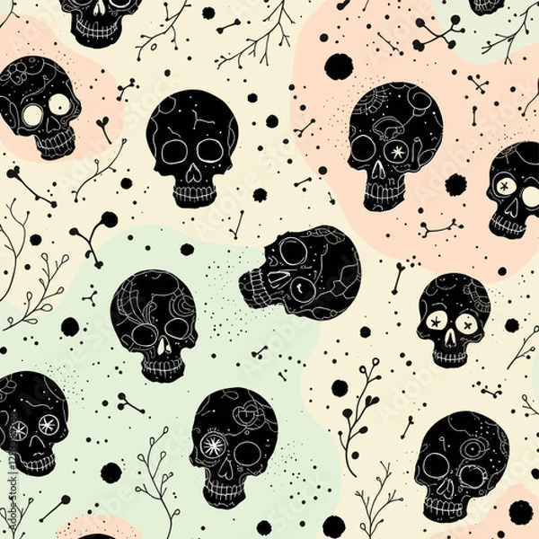 Fototapeta a repeating arrangement of black skull silhouettes against a light peach background, with scattered black dots and lines throughout.